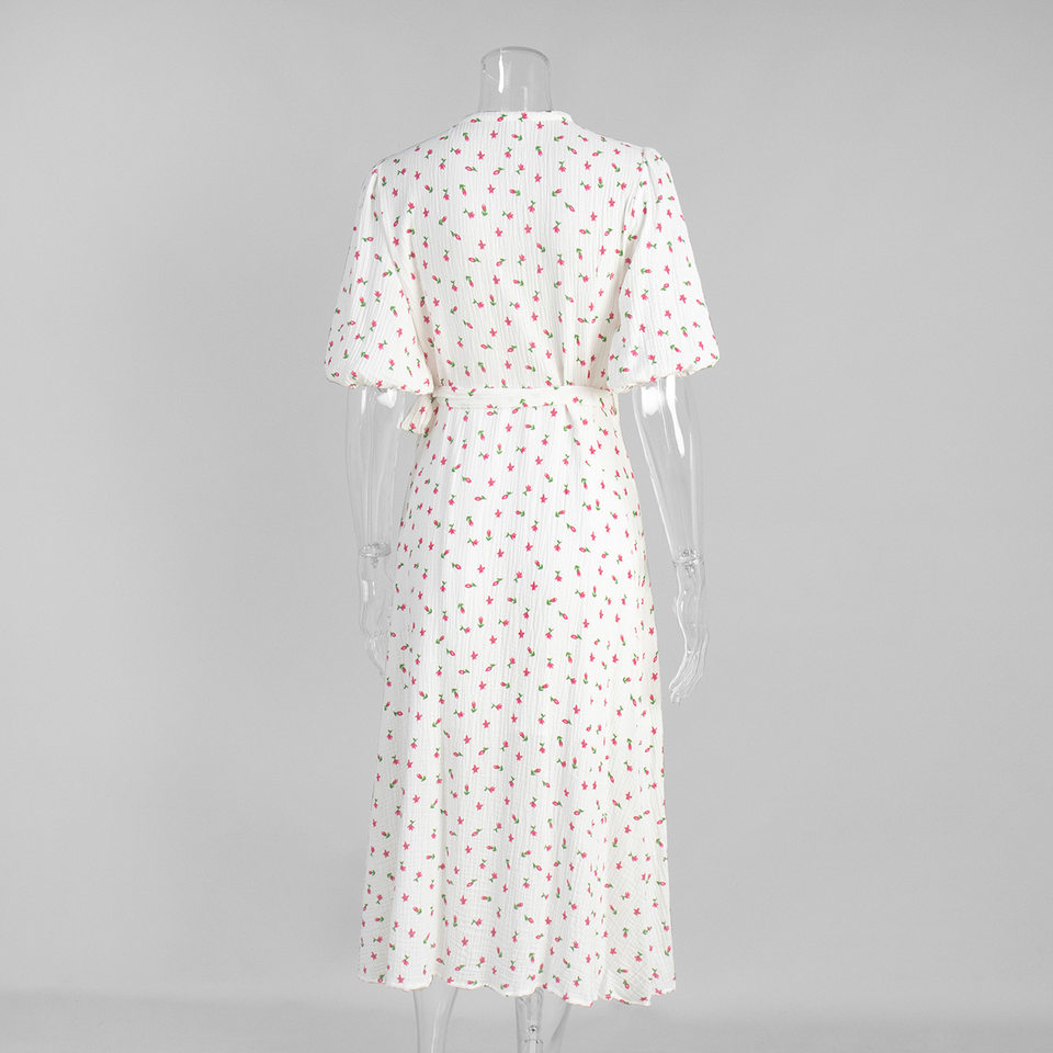 Đầm liền cotton in hoa cổ chữ V tay bồng buộc dây lưng cao — Hoa oải hương, Hoa tulip màu hồng, Màu be, Màu hồng chi tiết 10