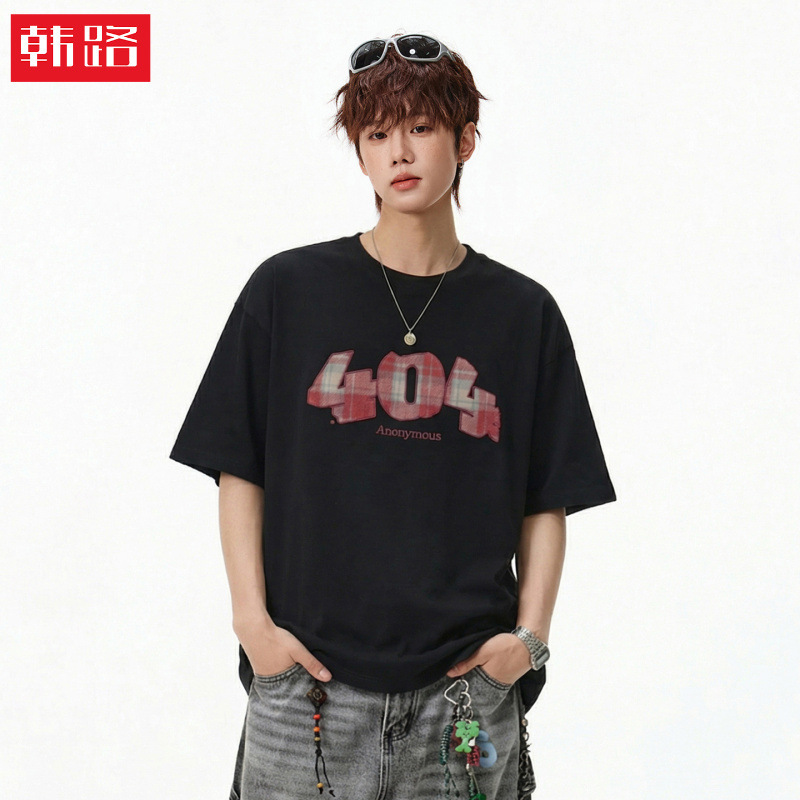 Retro Digital Plaid Print Short-Sleeved T-Shirt for Men, Summer Japanese Style Loose Pure Cotton Half-Sleeve Trendy Couple's T-Shirt