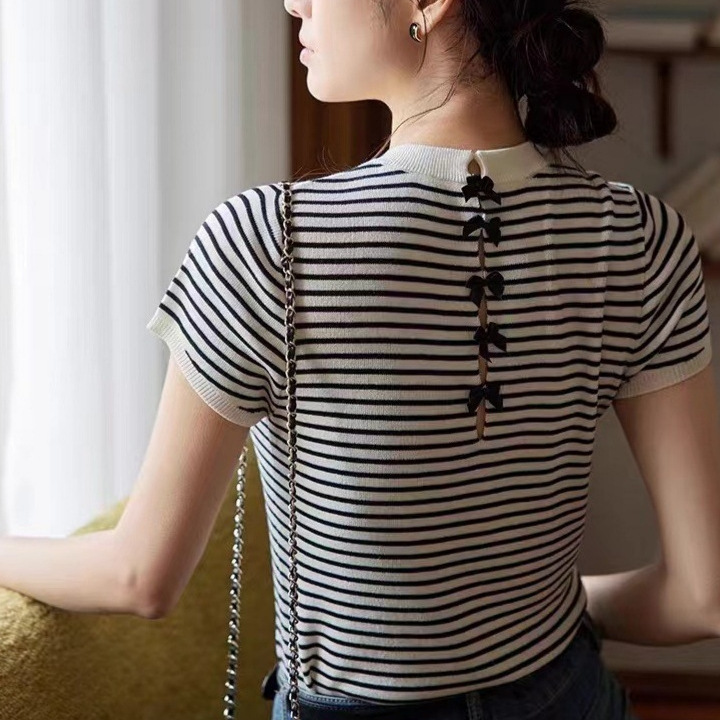 Design thin knitted summer retro short sleeve T-shirt with bow