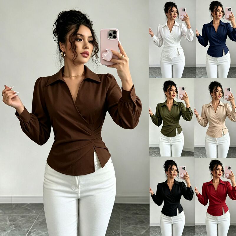 2026 Cross-Border European and American Amazon New French-Style Lapel V-Neck Cross-Wrap Waist-Tie Design Shirt 2026 Cross-Border European and American Amazon New French-Style Lapel V-Neck Cross-Wrap Waist-Tie Design Shirt