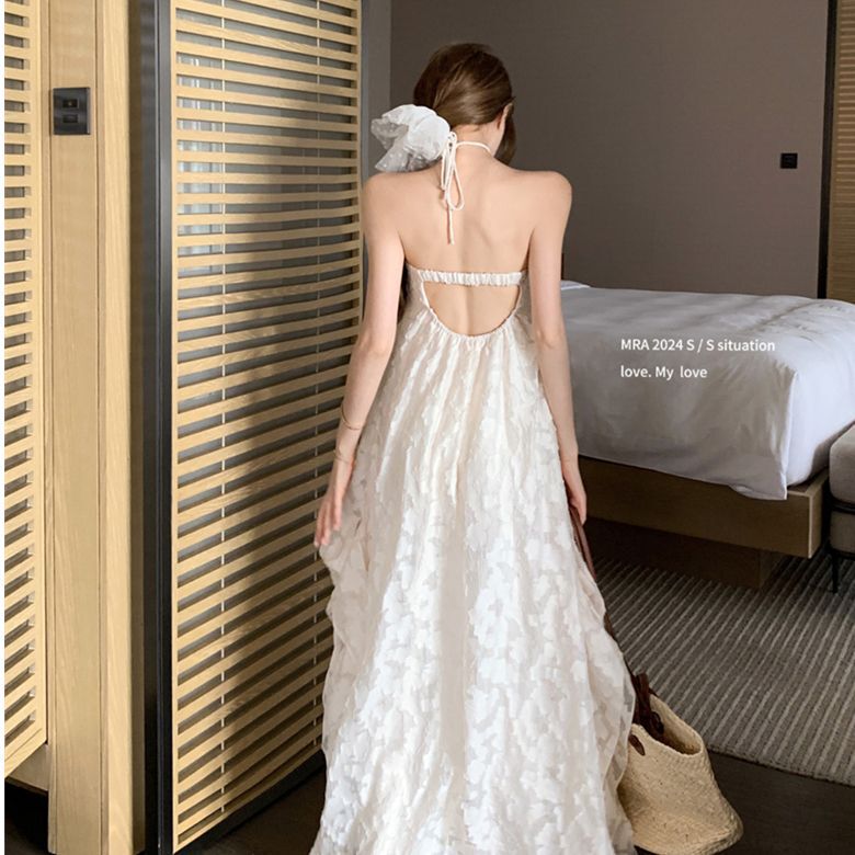 Seaside Holiday Style Backless Neck Hanging dress Beach Dress Women's Early Spring A- line Dress with Chest Pad Pure Hollow Long Dress
