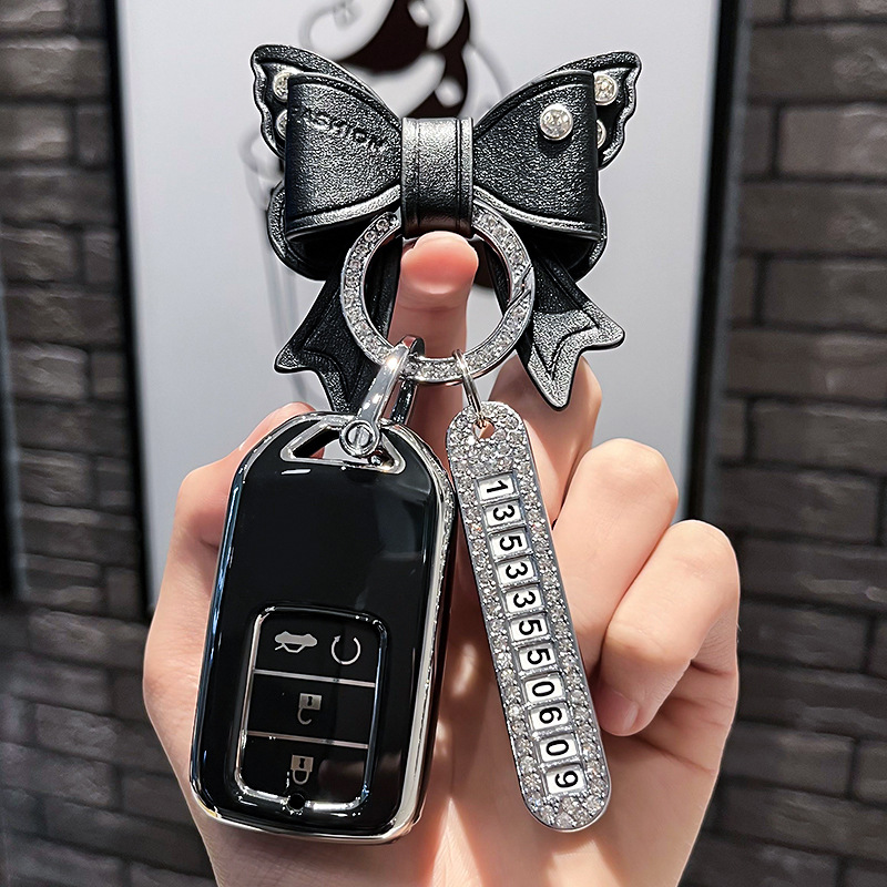 BT 키 유형 E - 스마트 4버튼 [싱글 쉘 블랙] + 블랙 리본 다이아몬드 버클 + 실버 번호판