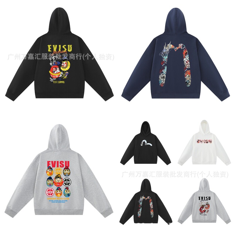 EVISU hooded sweatshirt with print, autumn/winter trendy cross-border long-sleeve classic versatile casual loose fit for men and women EVISU hooded sweatshirt with print, autumn/winter trendy cross-border long-sleeve classic versatile casual loose fit for men and women