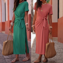 欧美跨境亚马逊春夏新款女装连衣裙短袖圆领纯色优雅休闲度假长裙