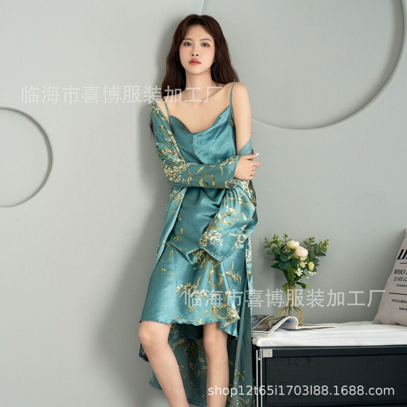 Cross-border Summer Sexy Women's Silk-like Nightgown Mid-sleeve Long Lace-up Bathrobe Morning Gown Fashionable Thin Home Clothes Cross-border Summer Sexy Women's Silk-like Nightgown Mid-sleeve Long Lace-up Bathrobe Morning Gown Fashionable Thin Home Clothes