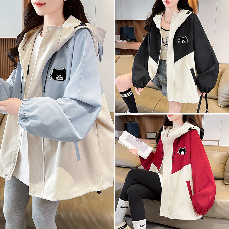 Designed with Contrasting Colors, Women's New Spring Casual Loose-Fitting Student Hooded Workwear Jacket