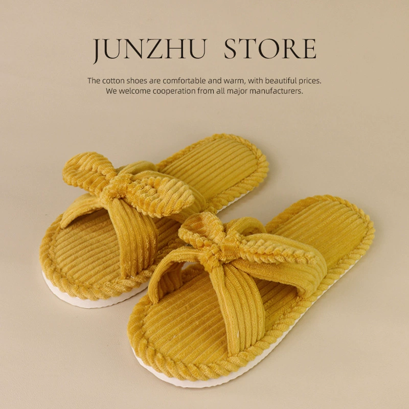 Домашние тапочки из хлопка для женщин, оптом, с бантом, пушистые, теплые, мягкие.