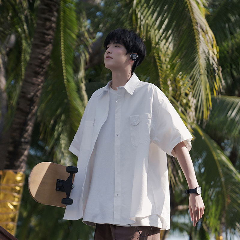 Short-sleeved Shirt Men's Summer American Style High Street Trendy Brand Solid Color Half-sleeved Shirt Simple Loose Casual Jacket for Teenagers