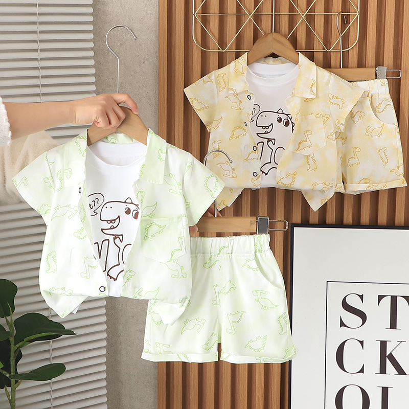 Boys' Short-Sleeved Dinosaur Shirt Three-Piece Set, Stylish Kidsren's Clothes, Summer Baby, Handsome Trendy Kidsren's Clothing, Baby Suit