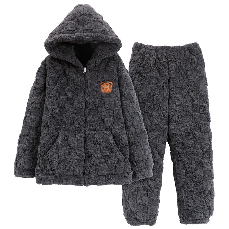 Pijamas de invierno de los hombres de tres capas acolchadas de invierno con forro de lana engrosada con capucha cardigan estilo coreano suelta Chaqueta de algodón acolchado ropa para el hogar