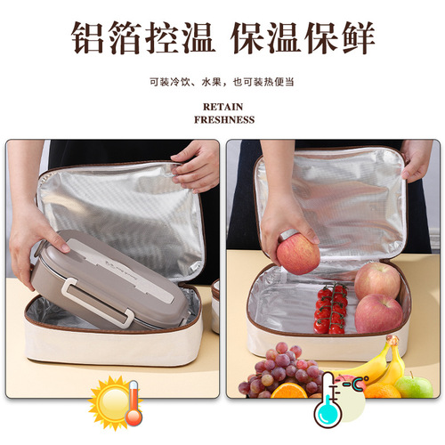 Square lunch box insulation bag, waterproof, thickened, shoulder strap, double zipper lunch bag, student office rice bag, lunch box storage bag