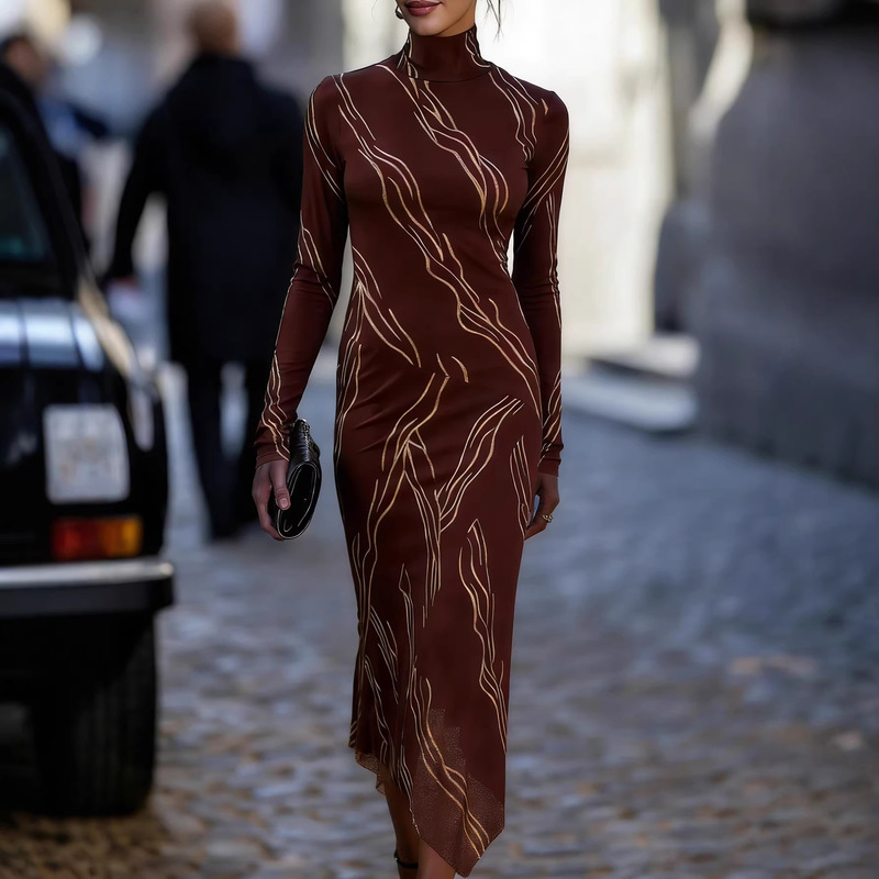 2026 Spring European and American Style Elegant Half-High Collar Long-Sleeve Slim-Fit Knit Dress with Gold Line Print