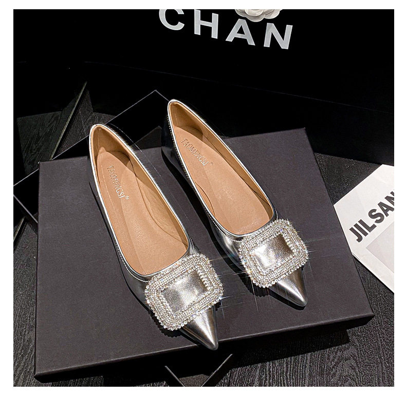 Giày búp bê nữ mũi nhọn đính đá lấp lánh gót thấp 1–3 cm — Màu bạc, Màu mơ, Màu đen chi tiết 40