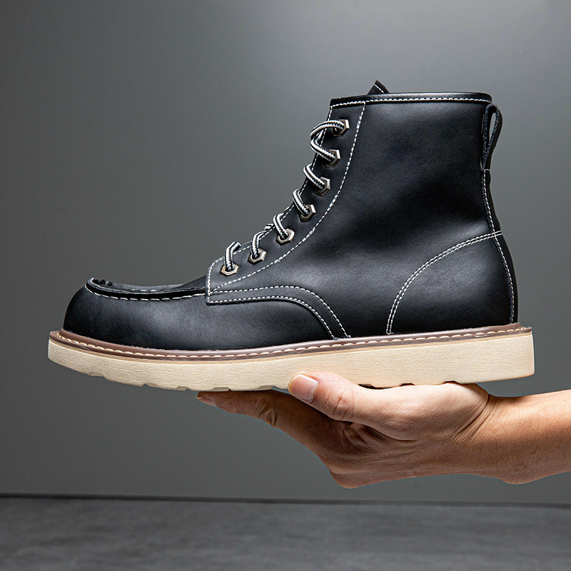 新款男士马丁靴英伦风牛皮短靴系带高帮工装鞋秋冬保暖加绒皮靴|ru