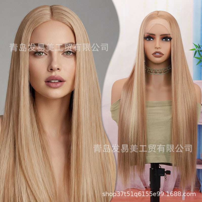 Light golden linen front lace wig 13x4 long straight wig, synthetic high-temperature fiber with pre-plucked hairline, free parting Light golden linen front lace wig 13x4 long straight wig, synthetic high-temperature fiber with pre-plucked hairline, free parting