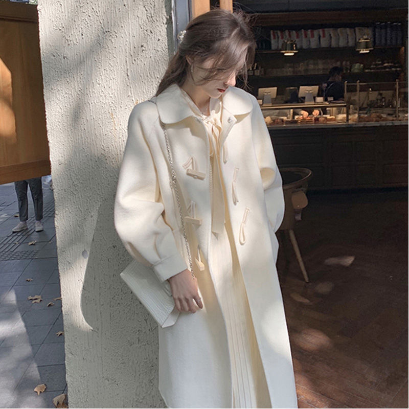 Mid-Length Double-Sided Wool Coat with Horn Buttons for Petite Women, Over-The-Knee Puff Sleeves, Doll Collar, Trendy Woolen Coat