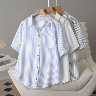 2025 Summer Striped Shirt Short-sleeved plus size Women's Cotton Cardigan Slimming Elegant Fashion Top Fat Girl Shirt 6102