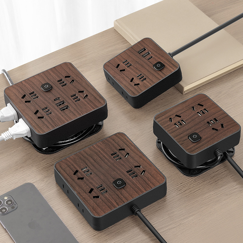 Manufacturer's Wood Grain Socket Panel Desktop Multifunctional Household USB Charging Power Strip with Cord Safety USB