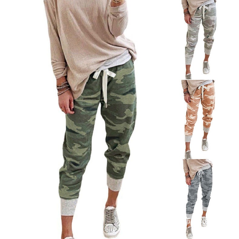 2025 Amazon New European and American Women's Pants Camouflage Print Casual Drawstring Jogging Women's Pants Elegant Slimming Light Wholesale