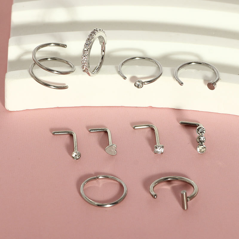 10-Piece Stainless Steel Nose Stud Set with L-Bar and Heart-Shaped Zircon, Bulk Nose Piercing Jewelry for Women Men detail image 8