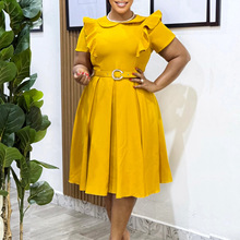 D583外贸女装亚马逊短袖娃娃领纯色短袖荷叶边高腰大摆欧美连衣裙