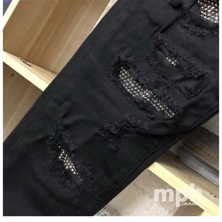 New Casual High Street Ripped Jeans Unisex Rhinestone Slim Straight Pants Spring Autumn Mid-Waist Regular_mkmklike.com