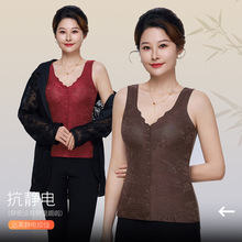 秋冬季国风中老年保暖背心女带胸垫前开扣加绒加厚保暖上衣内搭女
