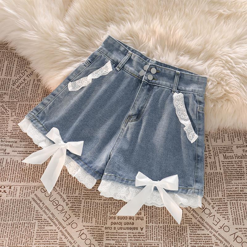 Wholesale Cartoon-Style High-Waisted Denim Shorts for Women, Designed to Look Slimming, with Lace Trim, Bowknot, and Straight-Cut Hot Pants, Trendy Wholesale Cartoon-Style High-Waisted Denim Shorts for Women, Designed to Look Slimming, with Lace Trim, Bowknot, and Straight-Cut Hot Pants, Trendy