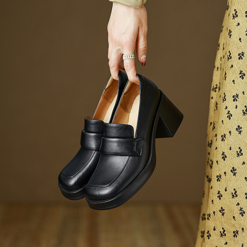 ~Thick high-heeled loafers 2024 spring washed cowhide one-legged square-toed single shoes French retro high heels