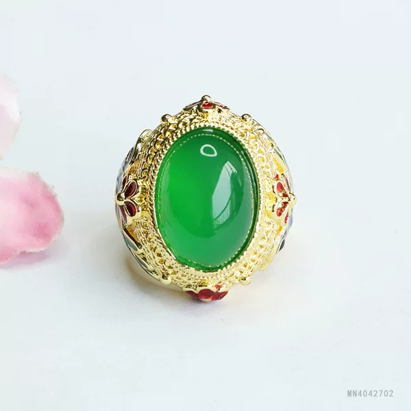 Green Agate Ring Ice Type Imperial Green Chalcedony Ring Ethnic Style Factory Wholesale Dropshipping S4042702