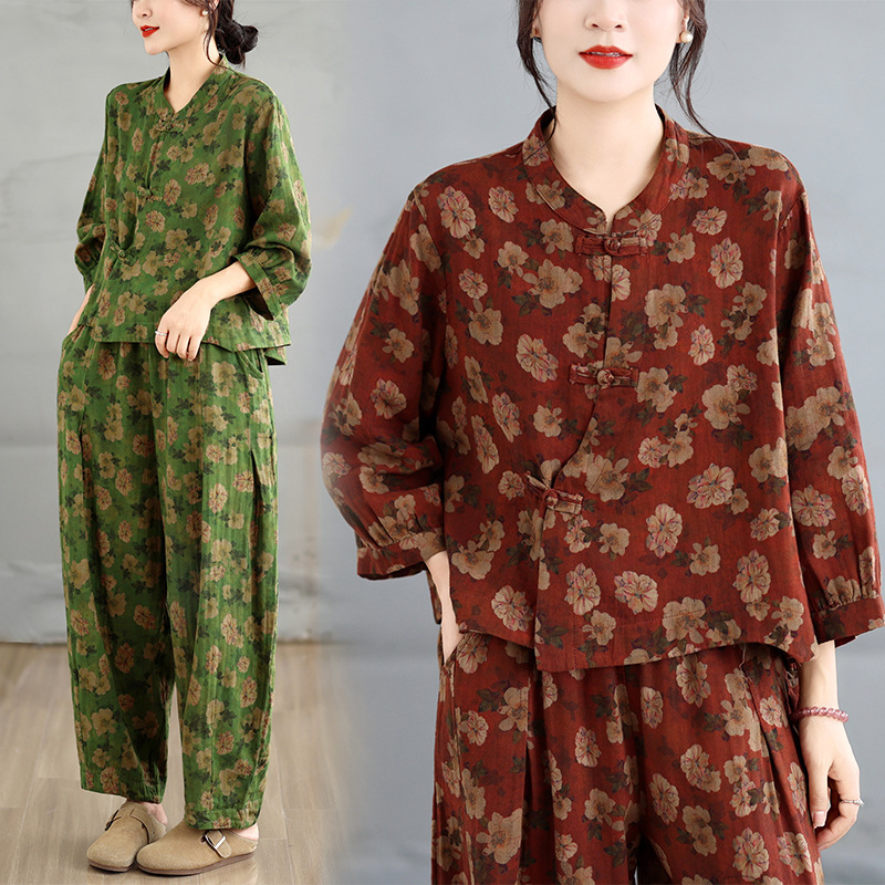 Autumn ethnic style double gauze cotton retro set for women, loose-fitting mom-style top and harem pants two-piece outfit Autumn ethnic style double gauze cotton retro set for women, loose-fitting mom-style top and harem pants two-piece outfit
