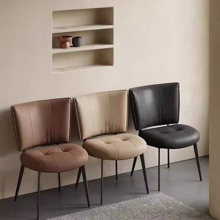 Qiuying Furniture Italian-Style Vintage Dining Chair Island Table Integrated Light Luxury Backrest Chair Carbon Steel Leather