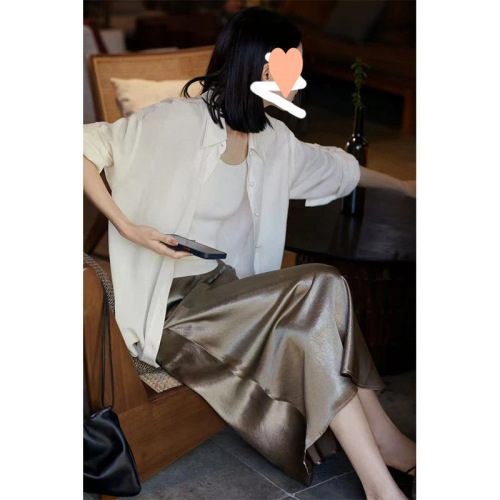 Acid satin half-sleeve skirt women's autumn new silk smooth long umbrella skirt a word high-grade buttocks fish tail skirt 