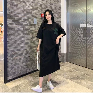 夏季大码胖mm通勤连衣裙长款过膝开叉圆领韩系温柔风休闲家居服潮