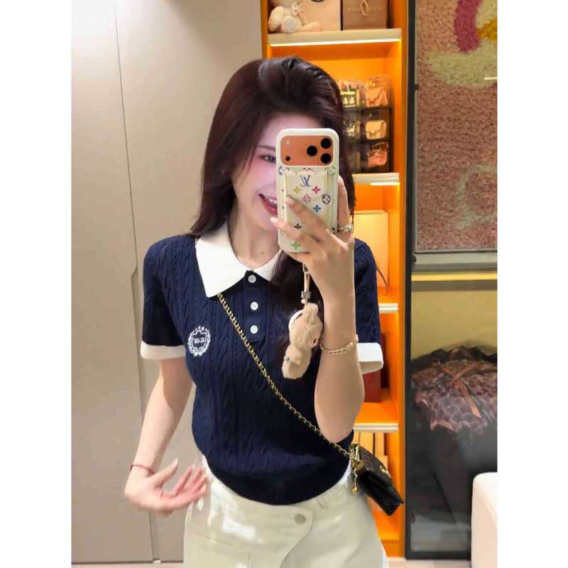 Lyocell Tencel Color-Block Polo Collar Knit Top for Women, Summer College Style Embroidered Slim-Fit Cable Knit Short Sleeve Shirt
