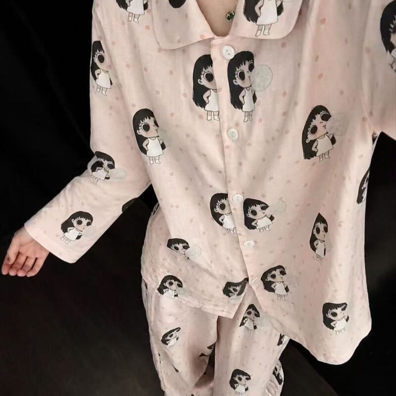Xiaoyu Spring and Autumn Korean-style home wear long-sleeve pajamas, polka dot, high-appearance pink long pants set with a turn-down collar for girls Xiaoyu Spring and Autumn Korean-style home wear long-sleeve pajamas, polka dot, high-appearance pink long pants set with a turn-down collar for girls