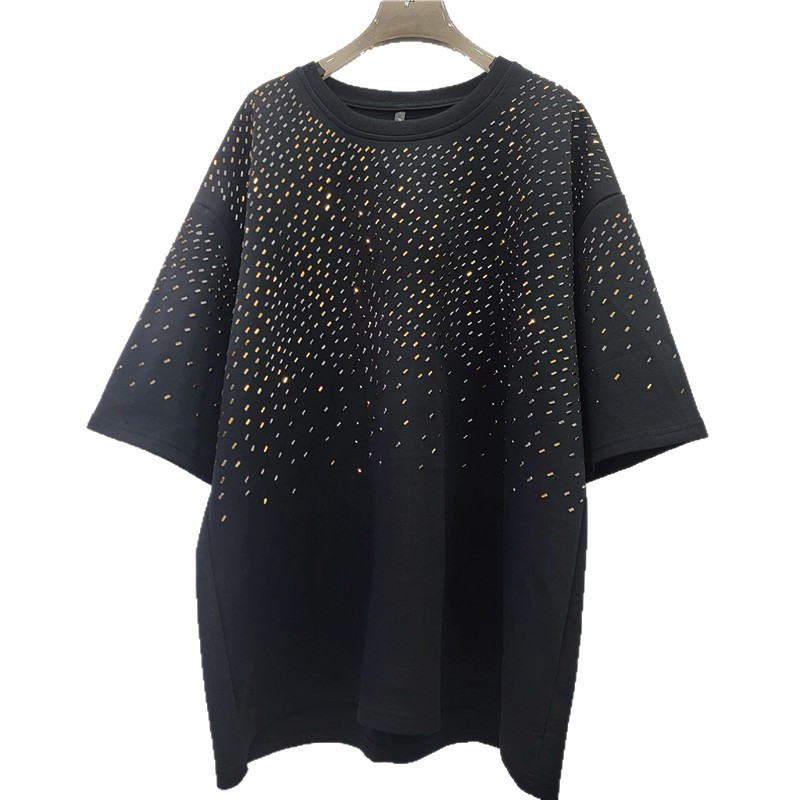 Camiseta negra de mangas cortas para mujeres 2026 primavera y verano nuevo diseño brillante brillante taladro caliente chaqueta de tamaño grande image 5