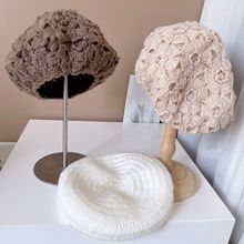 高端羊毛混纺毛线帽子女冬季手工针织帽勾花朵贝雷两面戴画家帽潮
