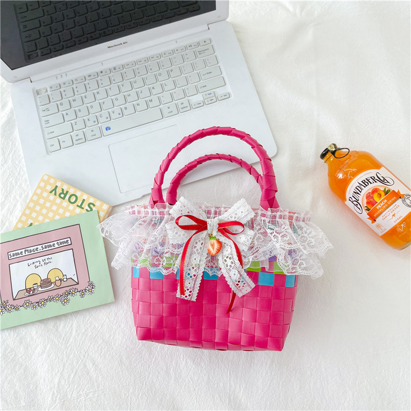 Al por mayor pastoral cesta de verduras niña los niños dibujos animados conejo fresco color tejido bolso la muchacha