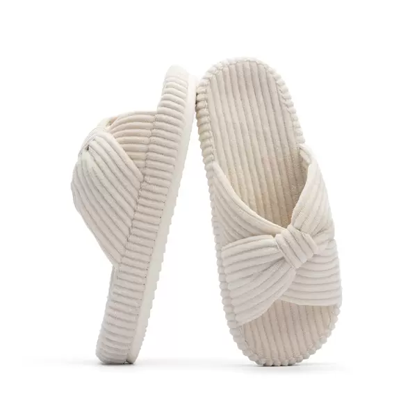 Women Slippers Bedroom Corduroy Bowknot Cross Strap Indoor Breathable Open Toe Shoes Lightweight Plaid Soft Gift