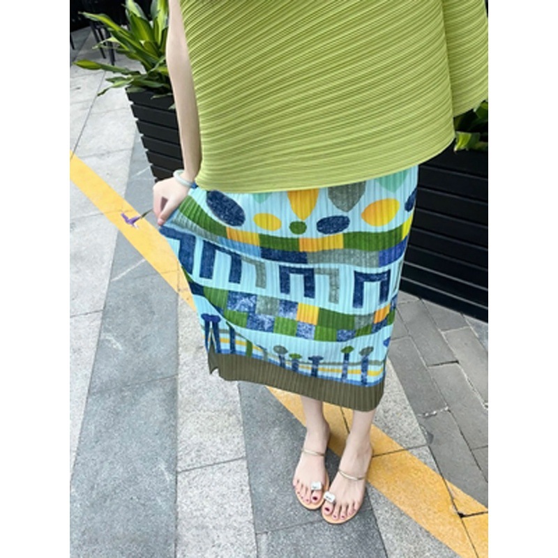三宅半身裙 小众设计感褶皱裙女夏高腰复古印花显瘦包臀开叉裙
