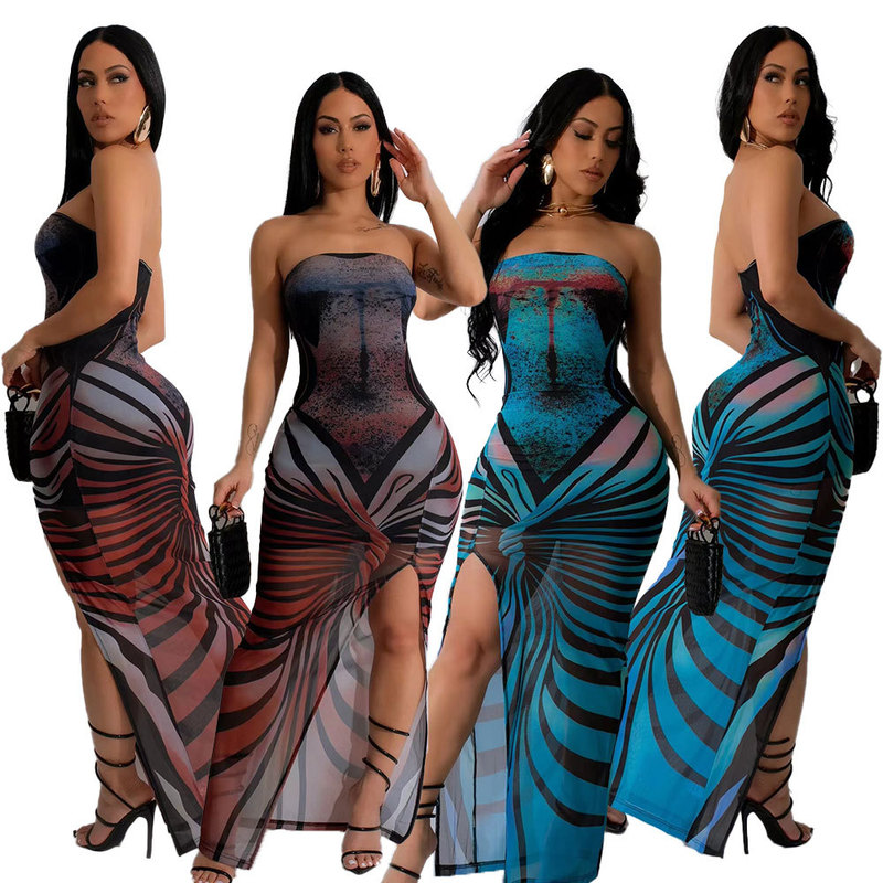 XZ8036 New Explosions European and American Women's Mesh Printing Strapless High Vent Sexy Long dress XZ8036 New Explosions European and American Women's Mesh Printing Strapless High Vent Sexy Long dress
