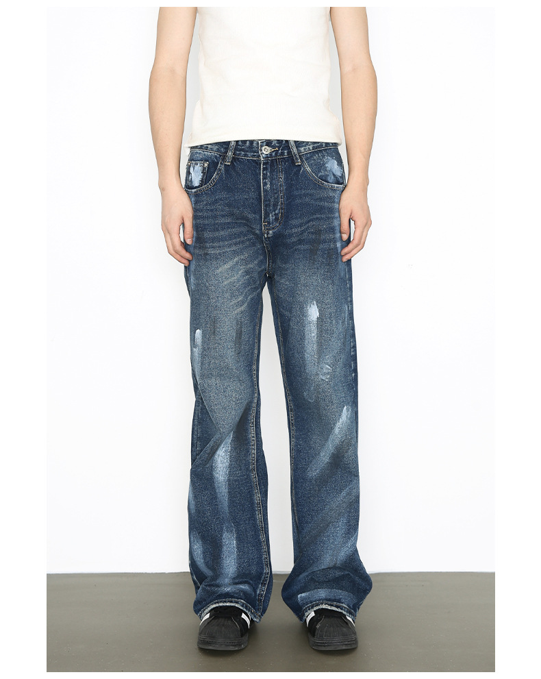 Hand-Painted American Style Straight-Leg Jeans For Men - Vintage Washed Denim Pants With Flared Hem, Comfortable Cotton Blend Fabric_mkmklike.com