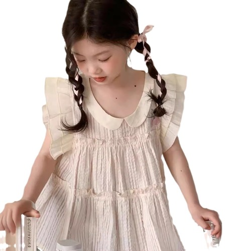韩国童装2024夏款女童樱桃飞袖娃娃衫中大童木耳边樱桃衬衫上衣