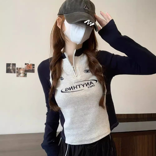 Ins Pure Desire Base Shoulder Zipper Women's Long Sleeve Autumn/Winter Base Shirt Slim Short Collar Splicing Top Women's Small Shirt