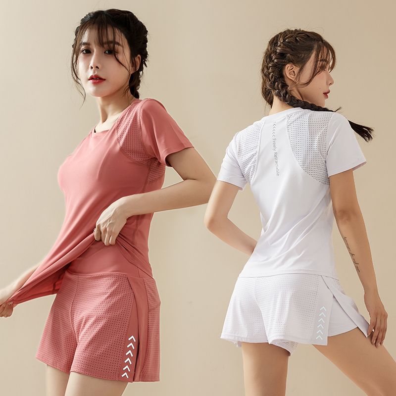 High-Waisted Luminous Printed Sports Suit for Women Quick-Drying Breathable Running Anti-Exposure Flap Pocket Pants Culottes Yoga Fitness Short-Sleeved