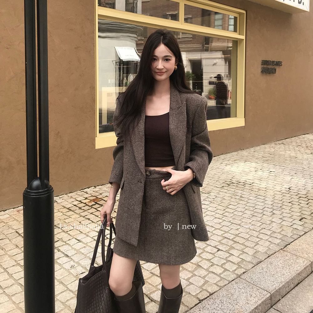 LS述致 西装外套短裙两件套女装2025秋冬新款小个子套装女 22869#