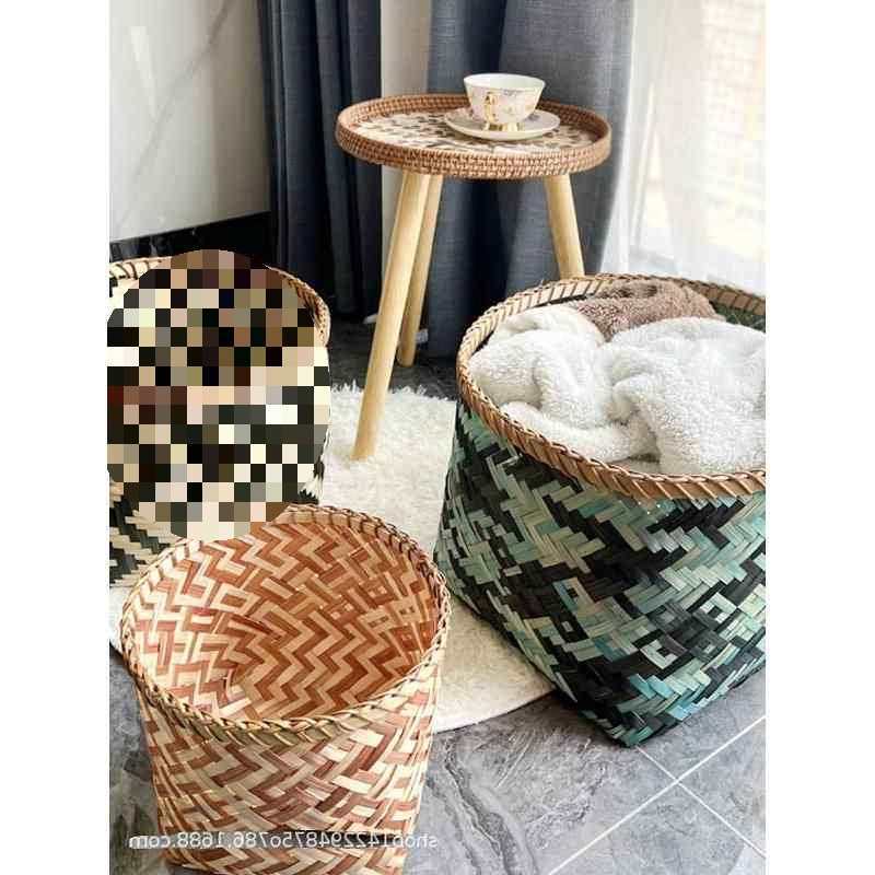 Desktop Trash Can, Bamboo Woven Waste Basket, Rattan-Edged Round Basket, Storage Basket, Decorative Ethnic Flower Pot Cover, Dirty Laundry Bin