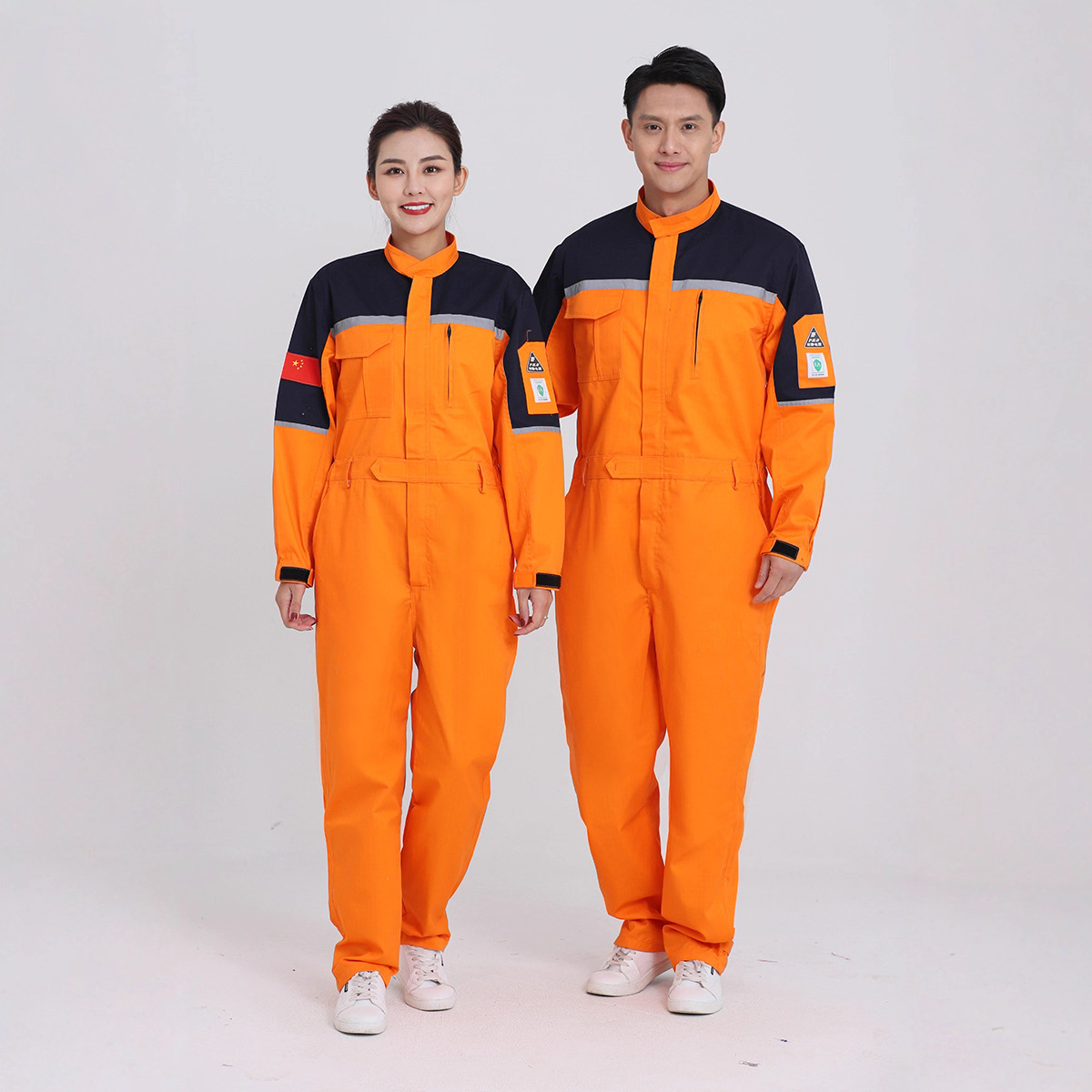 跨境防静电连体劳保服工作服男长袖涤棉反光条魔术贴工衣定制绣字