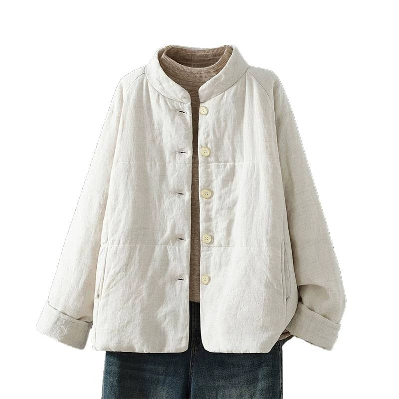 Зимняя ретро куртка на утеплитель для отдыха, oversize, размер плюс, хлопок и лен